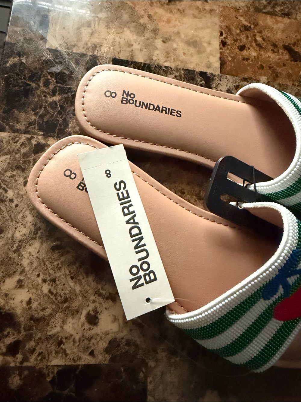 No Boundaries Pink Footbed Green & White Stripe Slide Sandals with Cherry Accent - Picture 2 of 3
